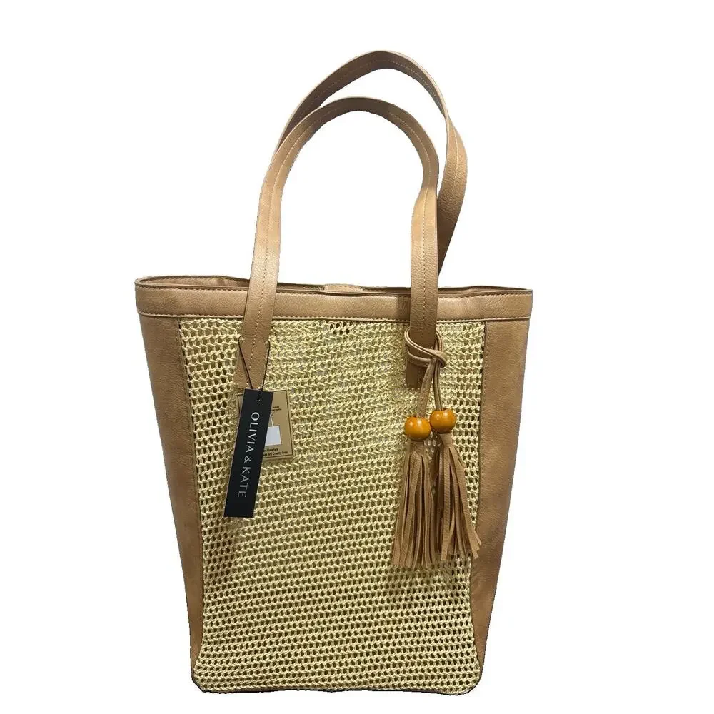 Olivia & Kate Straw Tote Bag NWT Tan Woven Tassel Large Summer Beach Shoulder